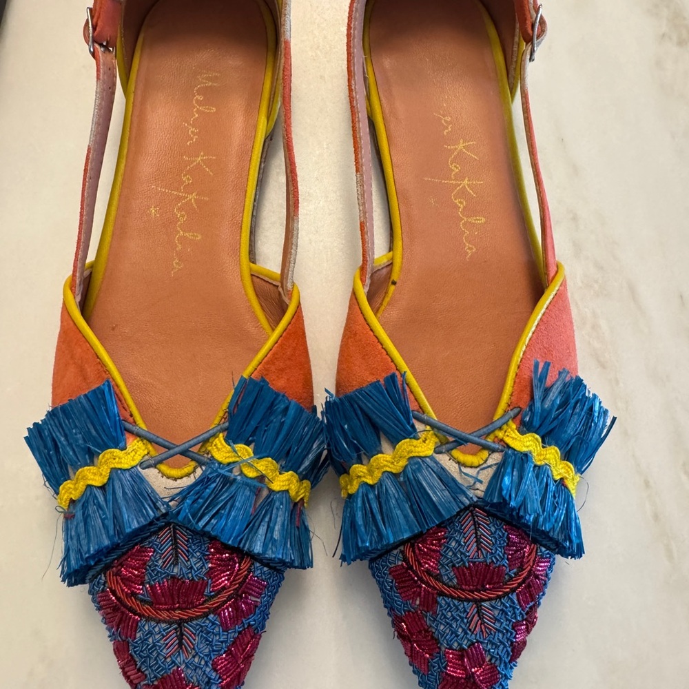 Meher Kakalia Colorful Embroidered Fringe Slingback Flats - Blue & Coral